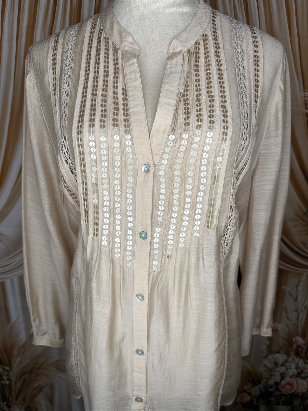 Chico's Cream Sequin & Lace Button-Down Blouse
